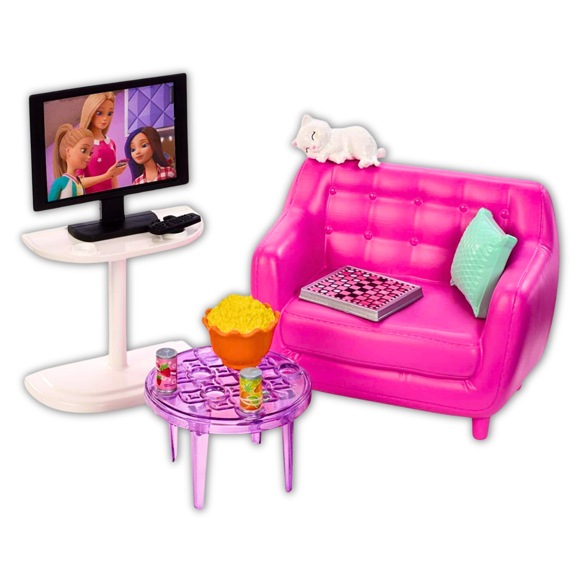 Barbie living room pink couch and pillow create a cozy movie time spot.