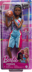 Barbie Made to Move brunette player doll poses easily for drills and passes.