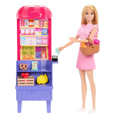 Barbie Malibu market stand with food display promotes imaginative shopping play.