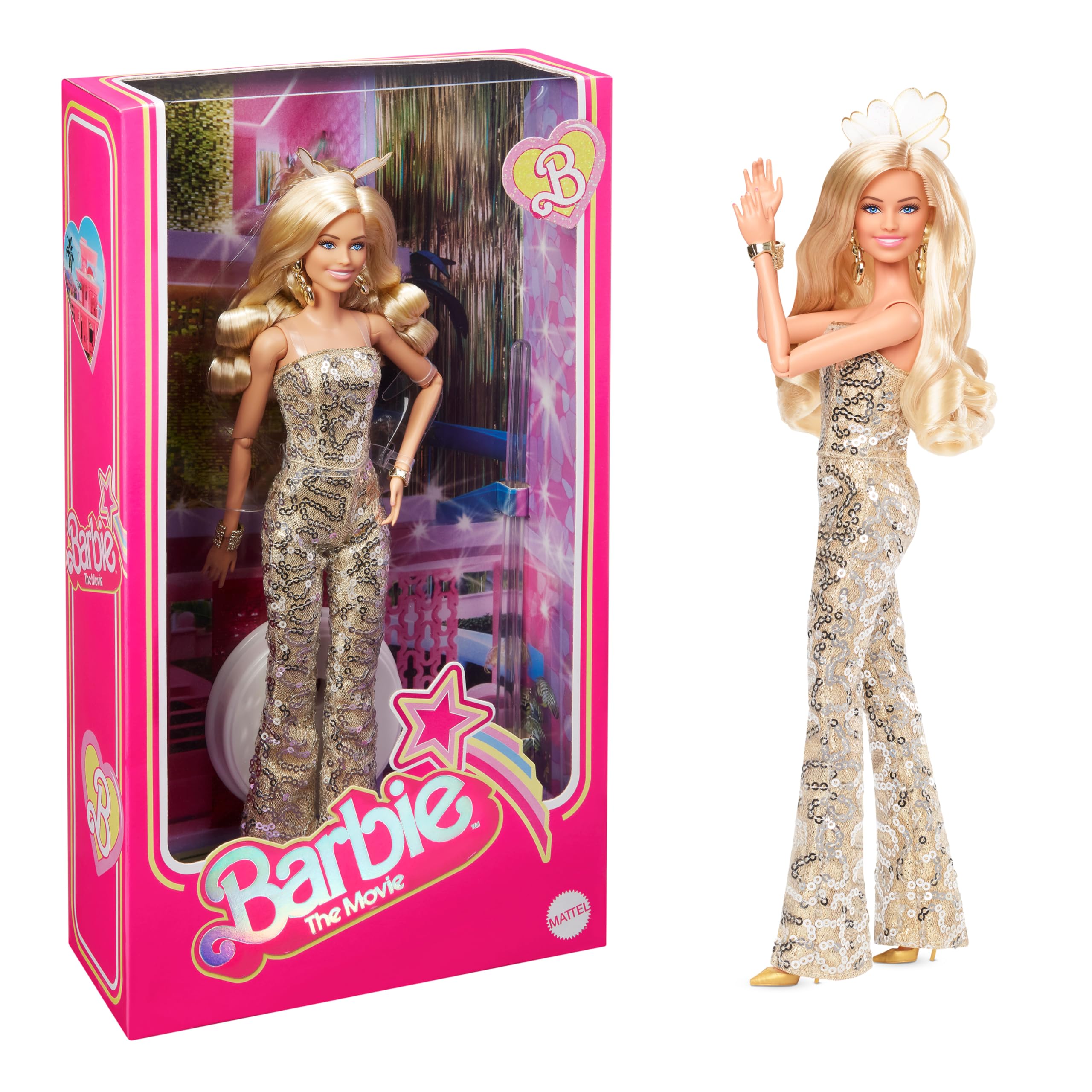 Barbie Margot Robbie gold disco jumpsuit close-up; dazzling display sparkle for shelves.