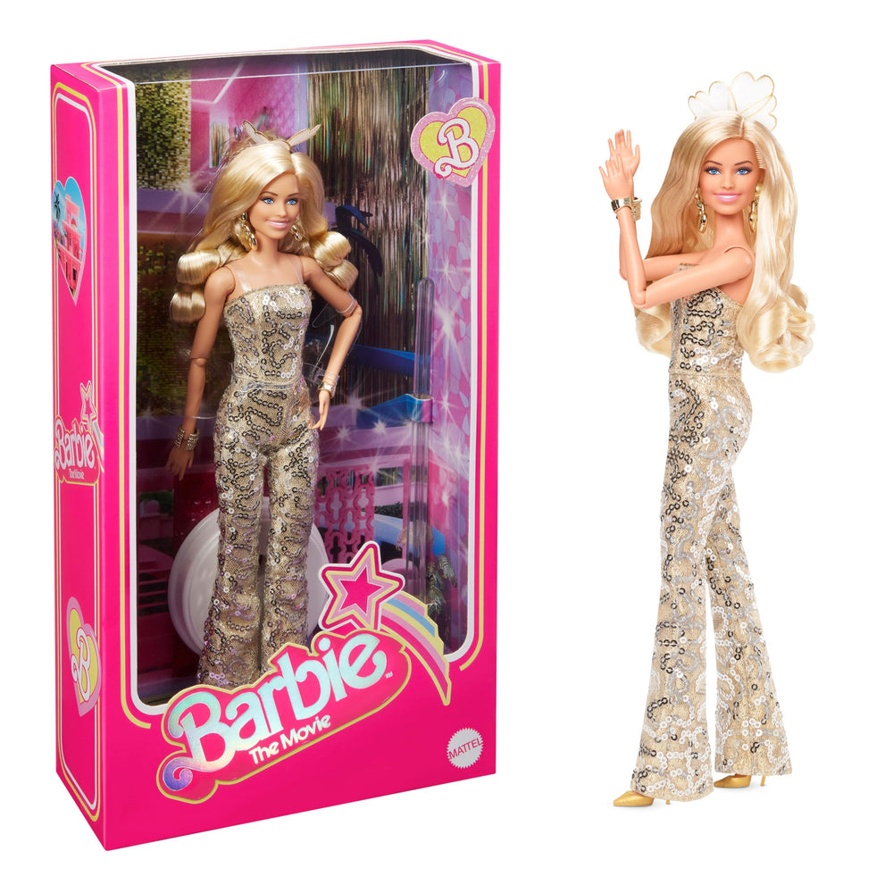 Barbie Margot Robbie gold disco jumpsuit close-up; dazzling display sparkle for shelves.