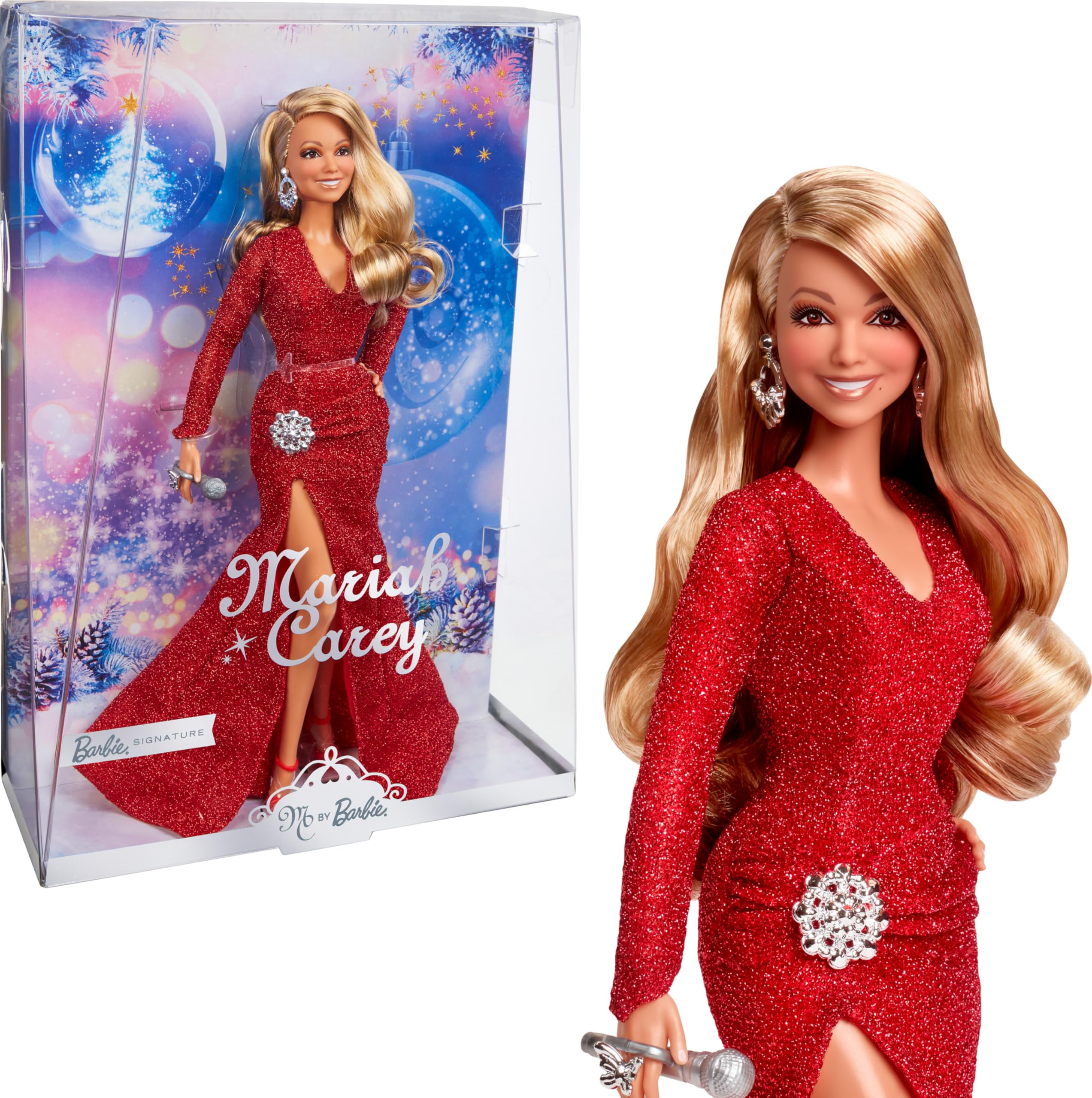 Barbie Mariah Carey holiday doll in red glitter gown with silvery accessories for festive display