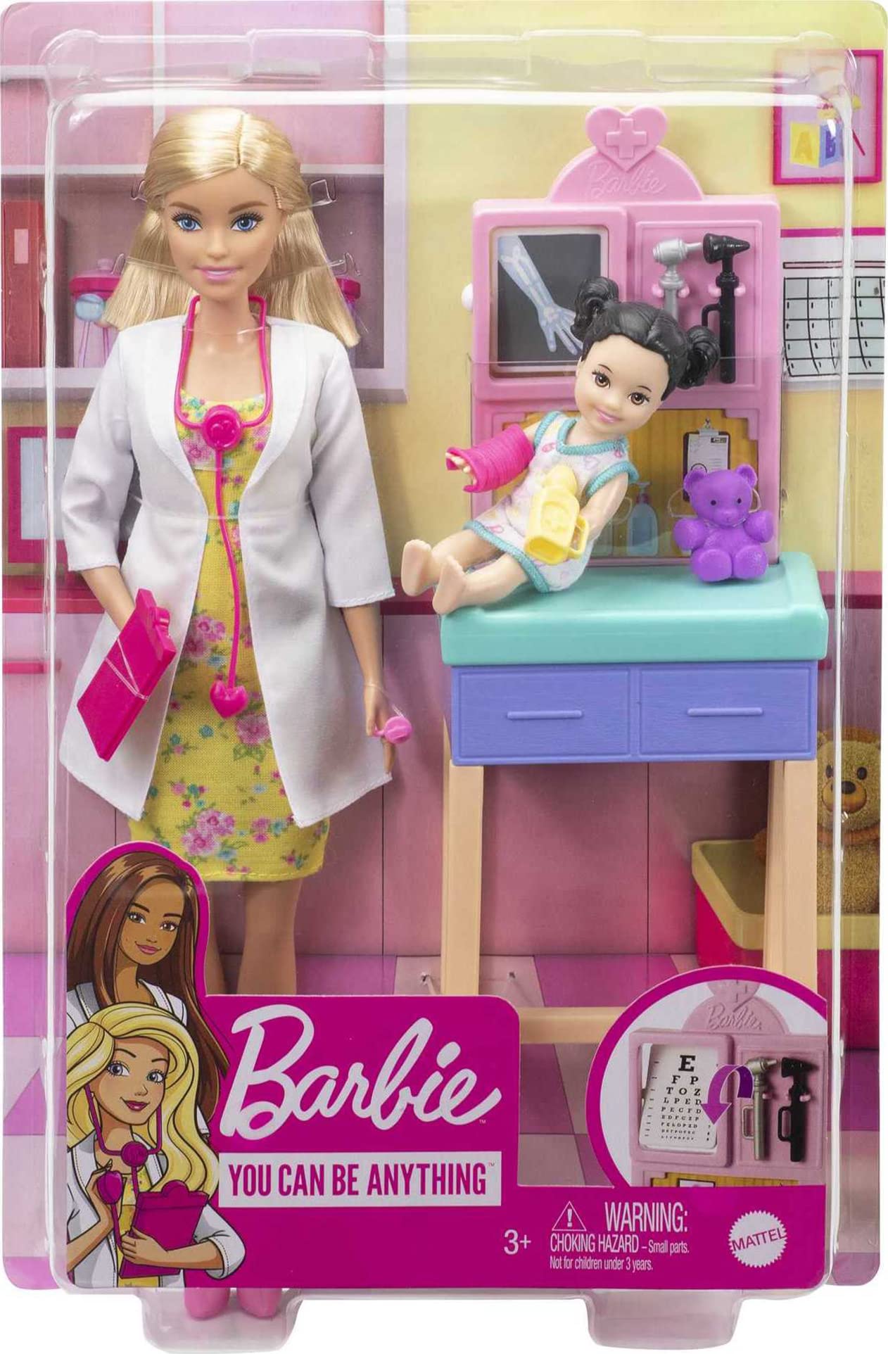 Barbie pink stethoscope and clipboard set for tracking pretend results.