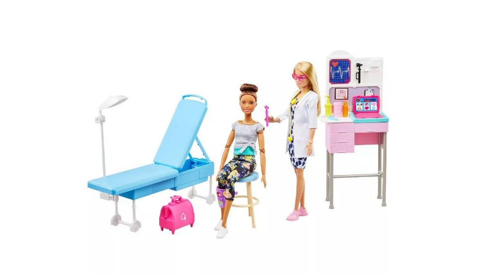 Barbie medical tools set including stethoscope, otoscope, and thermometer for realistic pretend checkups.