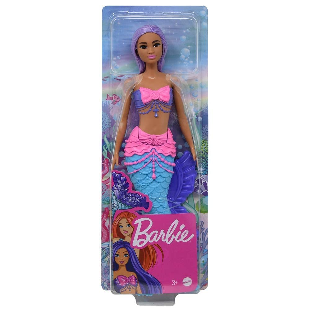 Barbie Mermaid Doll with purple hair displays a shimmering fin for imaginative sea adventures.