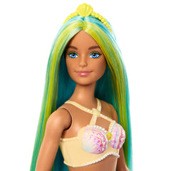 Barbie mermaid doll shows shell bodice and turquoise tail