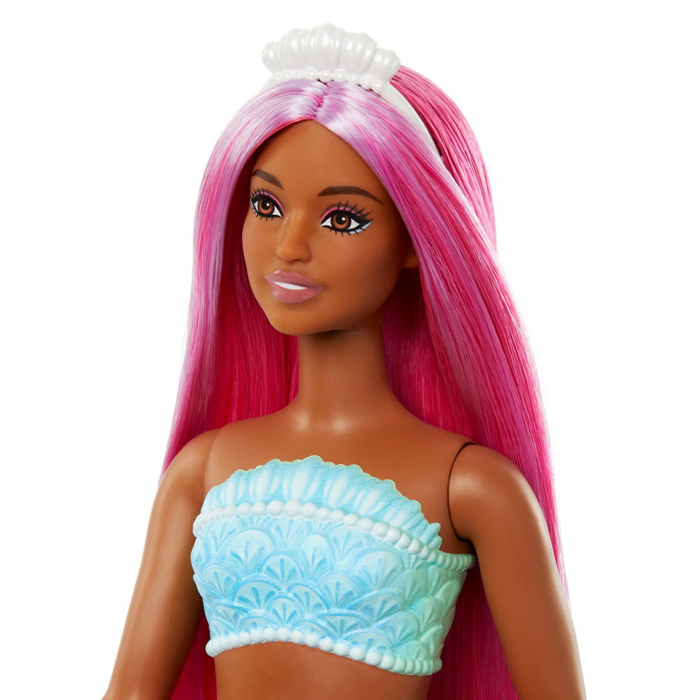 Barbie mermaid doll shell bodice highlights classic mermaid styling for playtime.