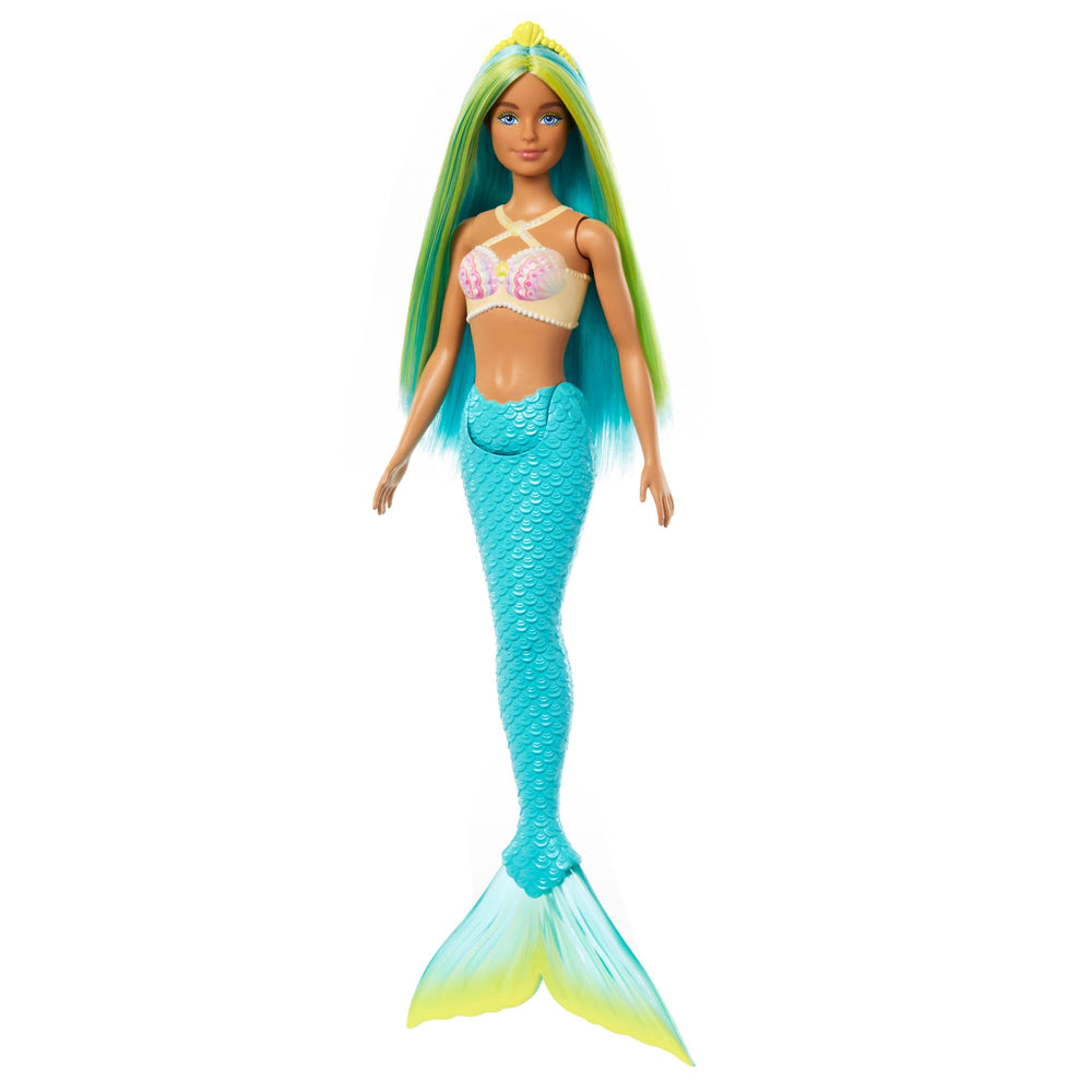 Barbie mermaid doll features blue and yellow hair for play