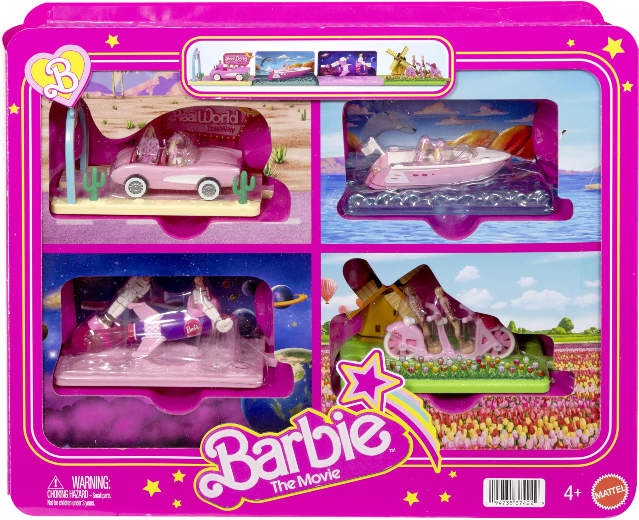 Barbie The Movie pink convertible with mini Barbie and Ken for imaginative play.