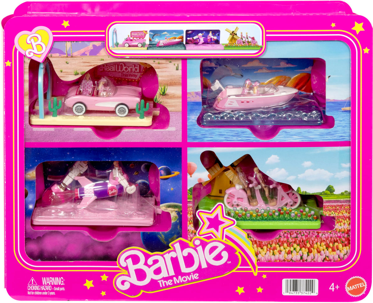 Barbie The Movie pink convertible with mini Barbie and Ken for imaginative play.