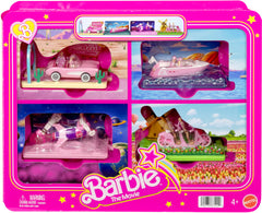Barbie The Movie pink convertible with mini Barbie and Ken for imaginative play.