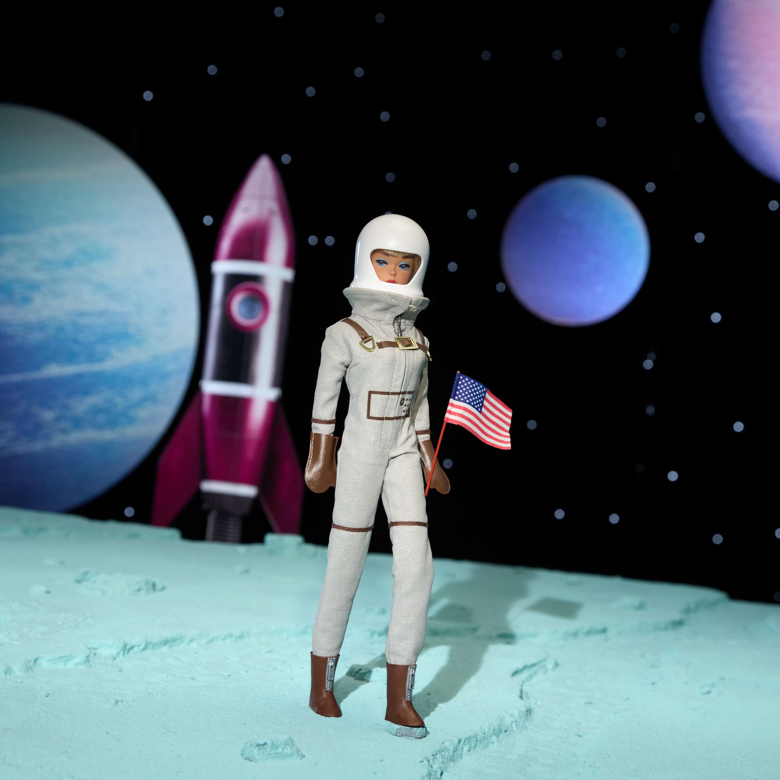 Barbie Miss Astronaut doll with brown boots for space-ready style.