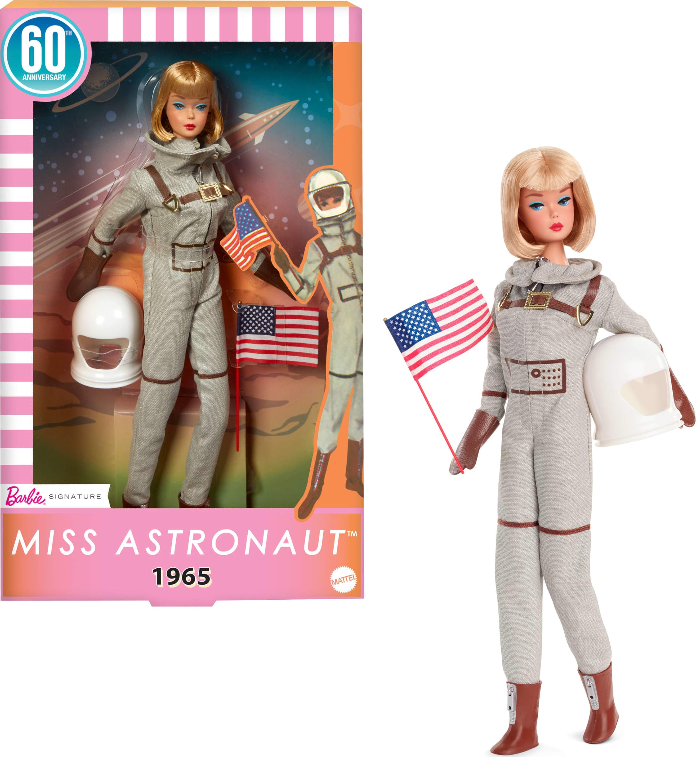 Barbie Miss Astronaut doll in silver suit ready for display.