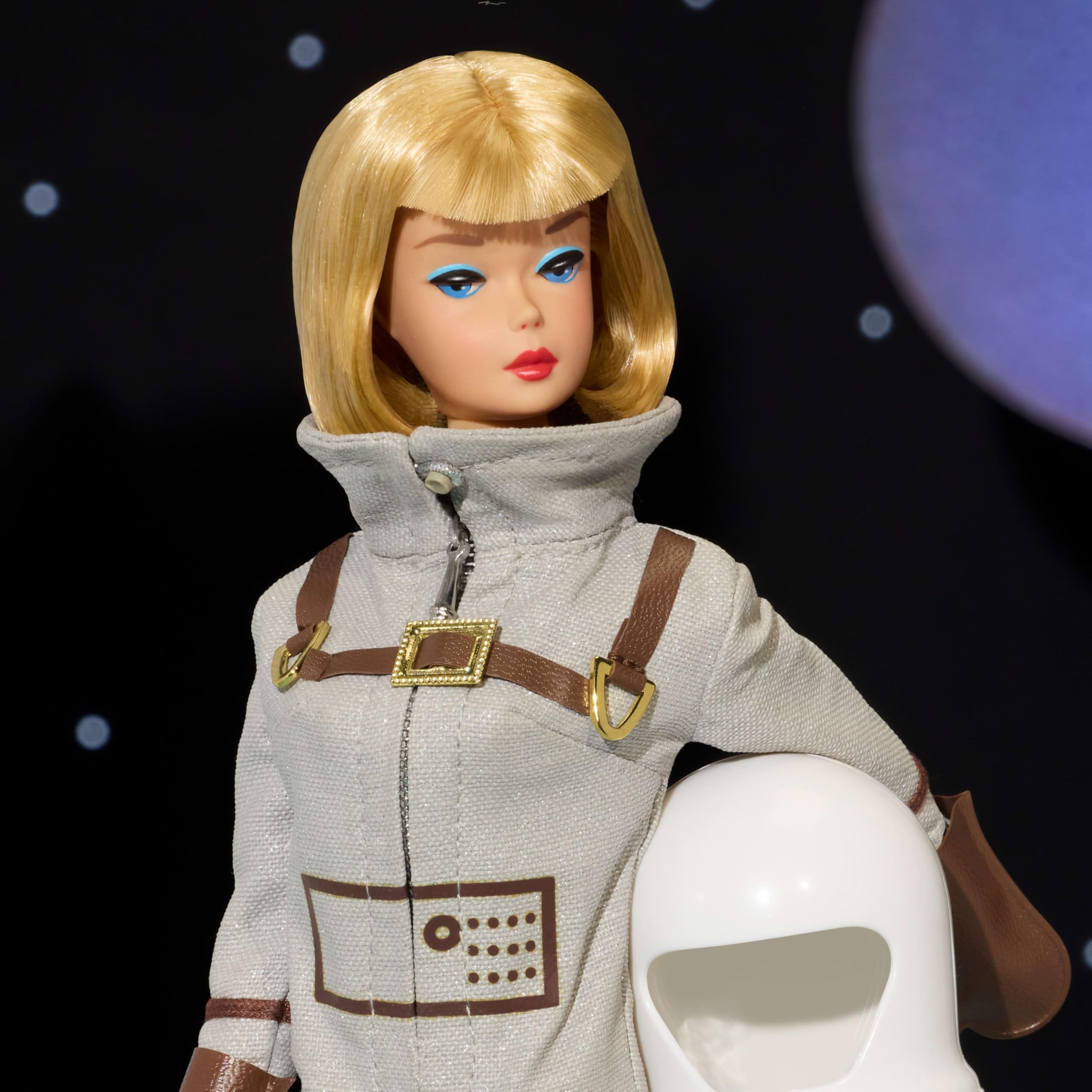 Barbie Miss Astronaut doll wearing white helmet for authentic vintage look.