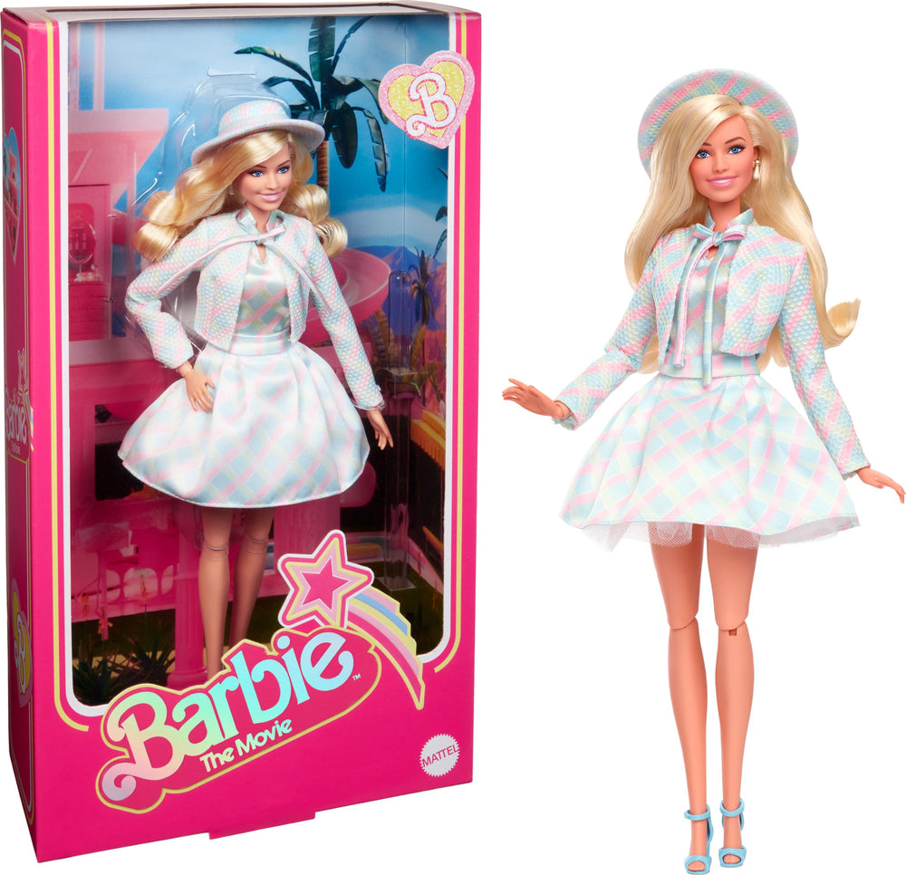 Barbie The Movie doll in blue plaid set with hat, ideal for display