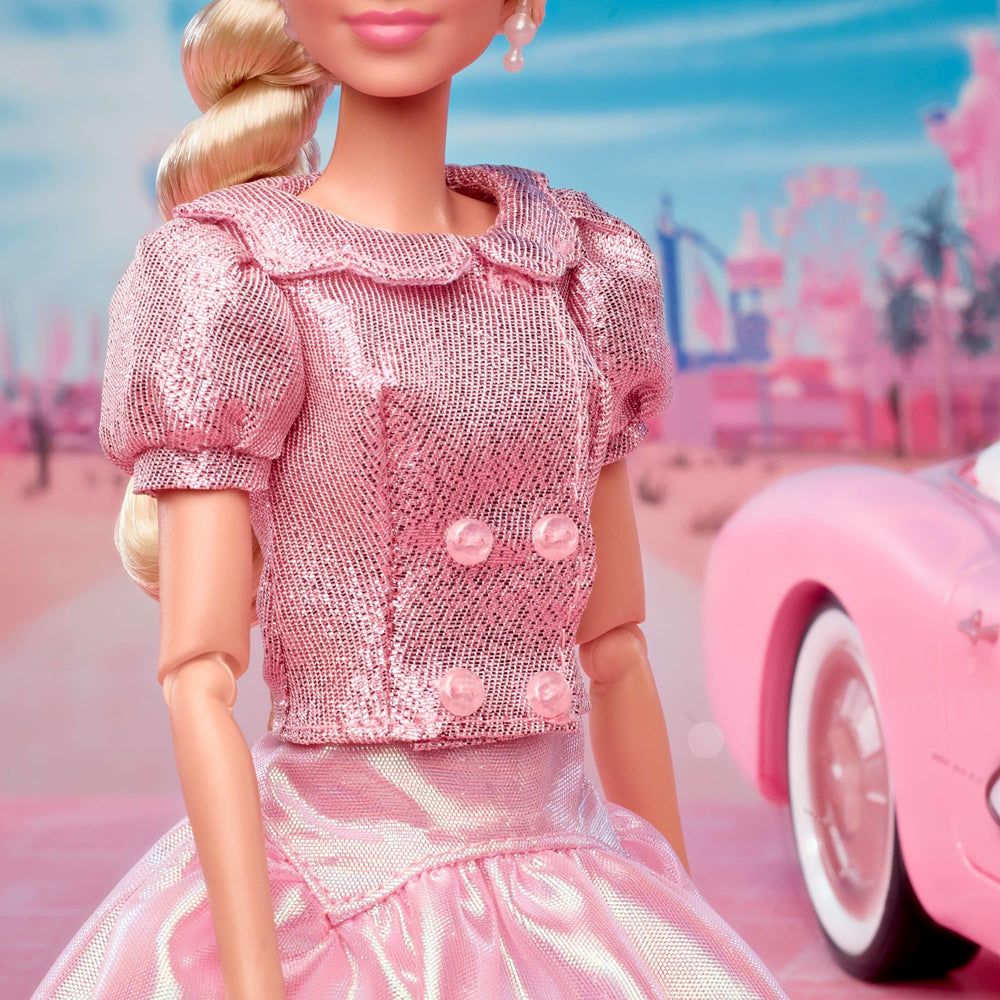 Barbie The Movie doll hair styled in side twist with ribbon tie.