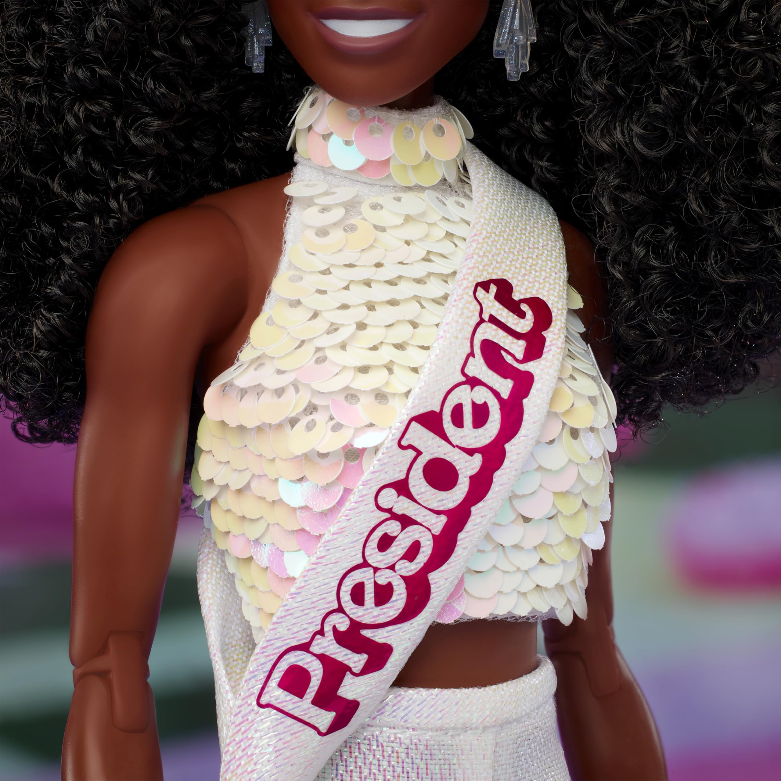 Barbie The Movie President sash detail adds a refined finish for shelf display.