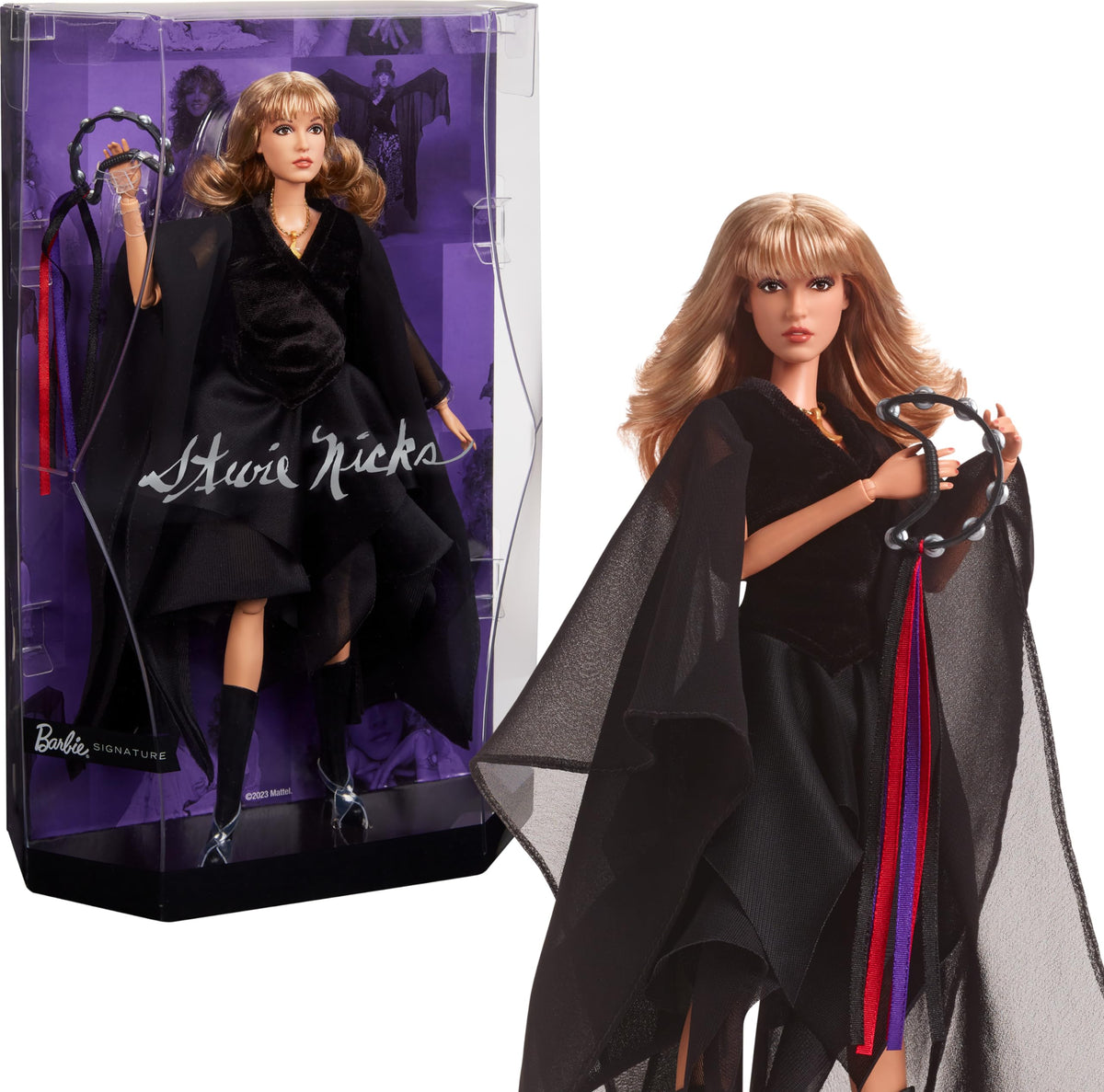 Barbie Stevie Nicks doll with tambourine, a collectible tribute for music fans and display.