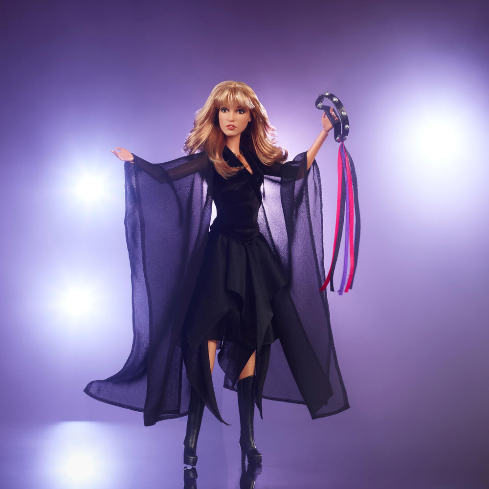 Barbie Stevie Nicks velvet wrap bodice offers a dramatic, museum-quality look on display.