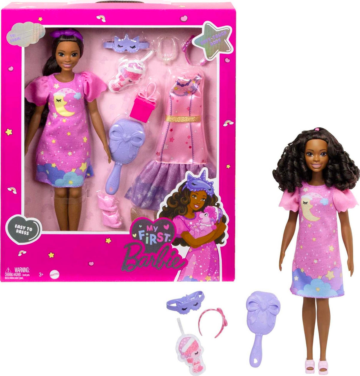 Barbie My First Brooklyn doll in party dress ready for imaginative dress-up play.