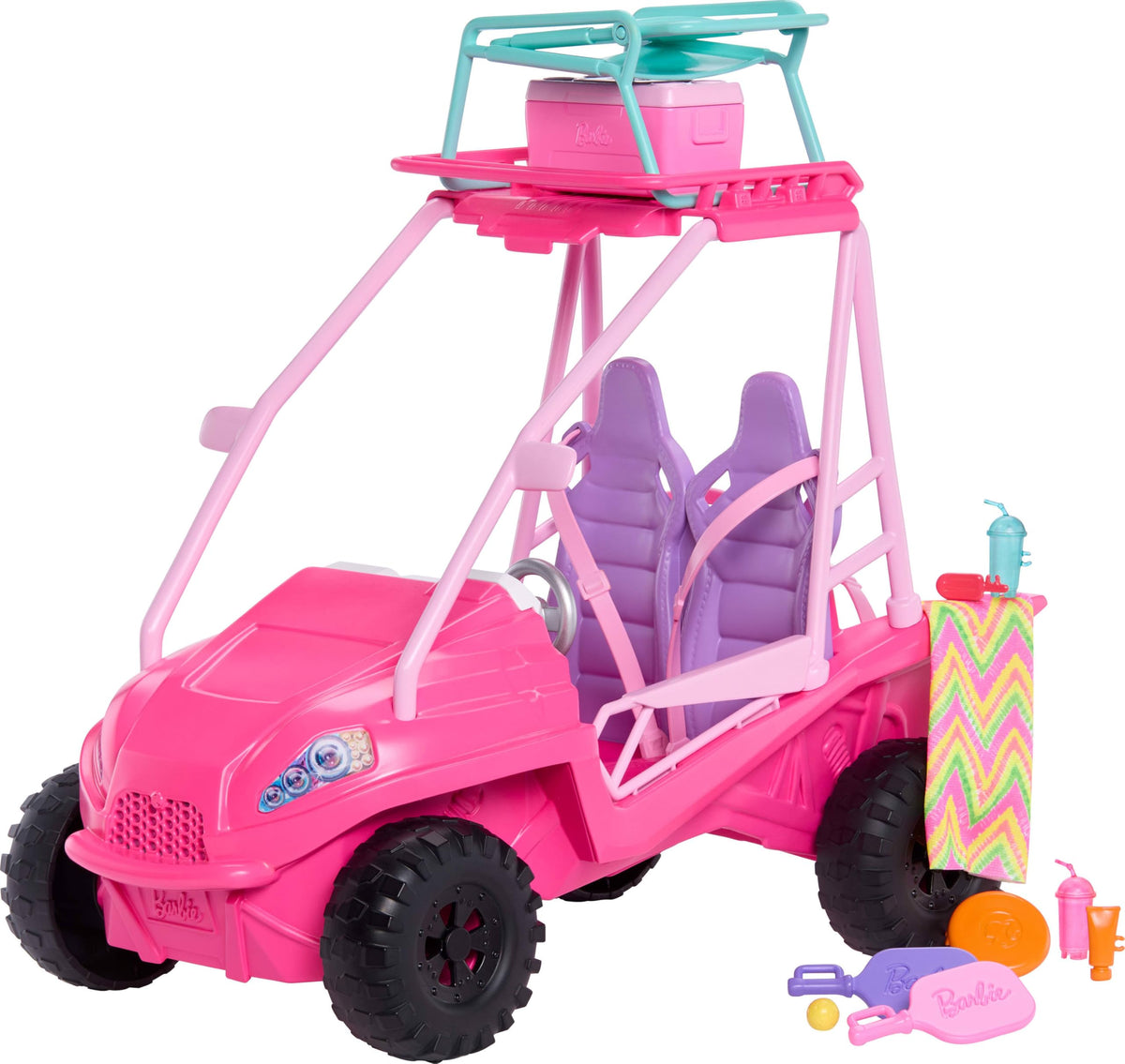 Barbie Mysteries Beach Detectives beach buggy exterior in hot pink for seaside adventures.