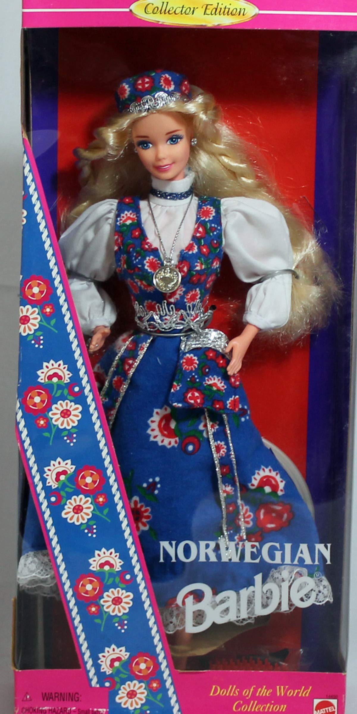 Barbie Norwegian bunad dress with lace trim, ideal for display and imaginative play.
