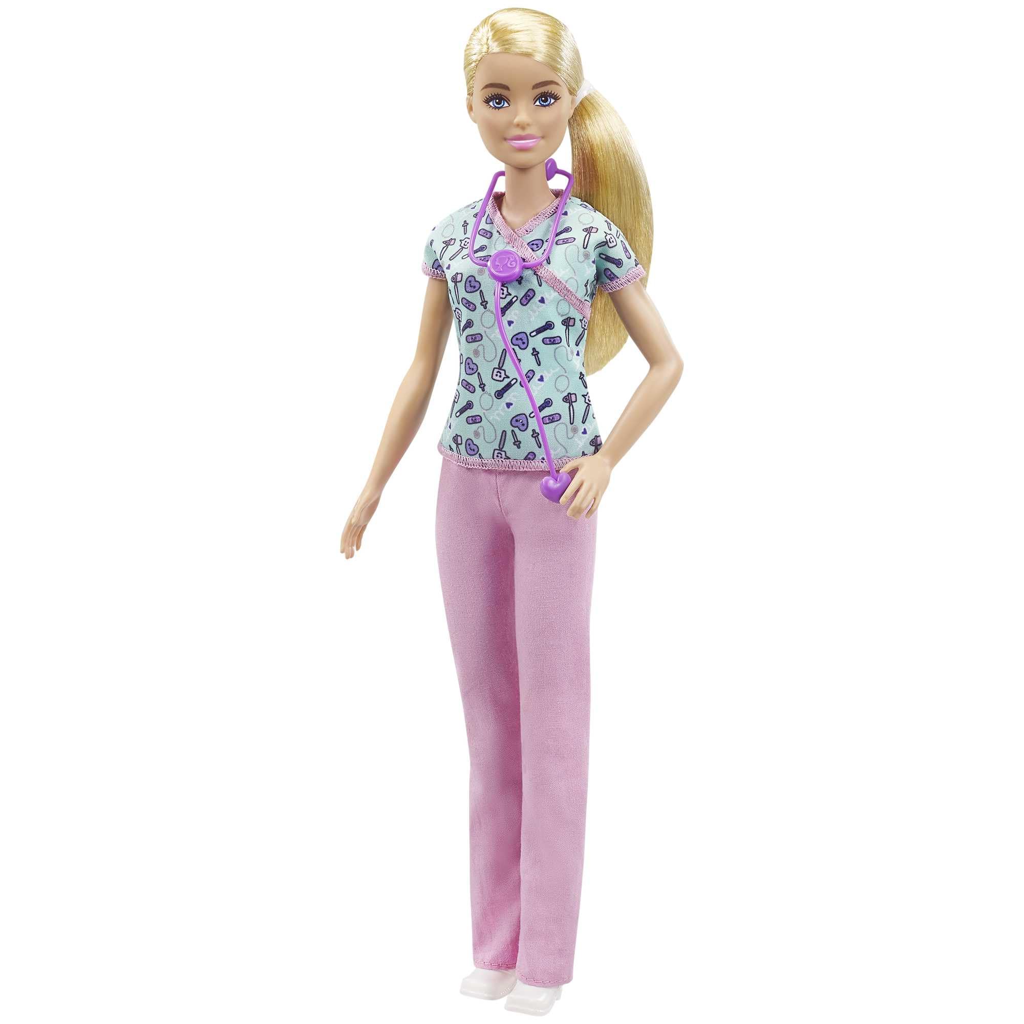 Barbie Nurse Blonde Doll in scrubs with a medical-tool print top for imaginative care play.