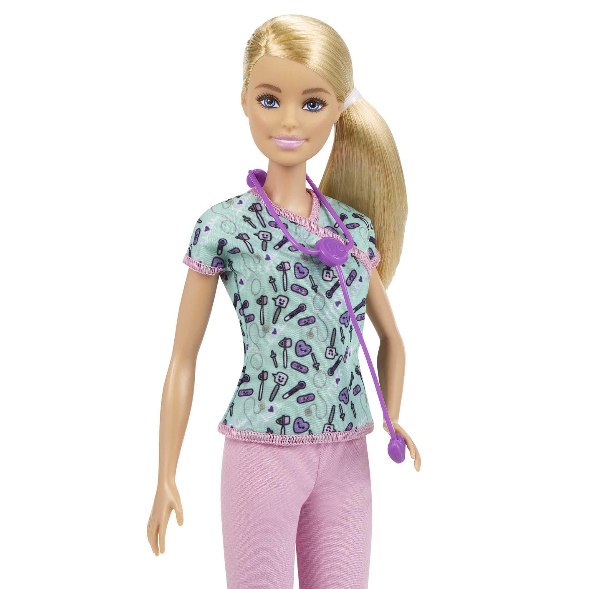 Barbie Nurse Blonde Doll with stethoscope around neck for realistic role-play.