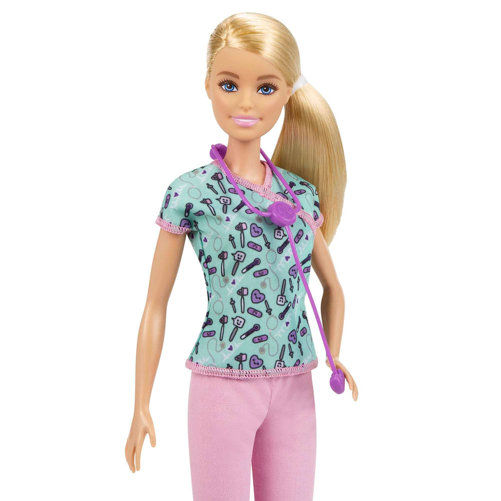 Barbie Nurse Blonde Doll with stethoscope around neck for realistic role-play.