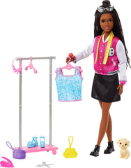 Barbie On-set Stylist Brooklyn doll with clothing rack for fashion planning play