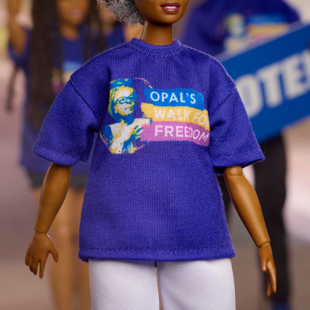 Barbie Opal Lee with glasses highlights advocacy-informed style.