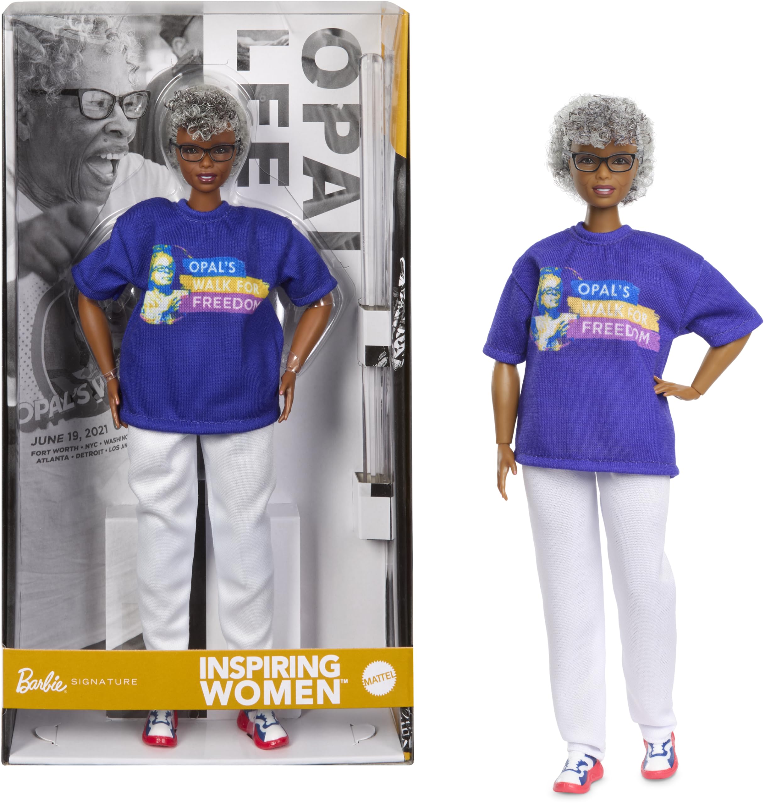 Barbie Opal Lee Inspiring Women doll on display to inspire learning.