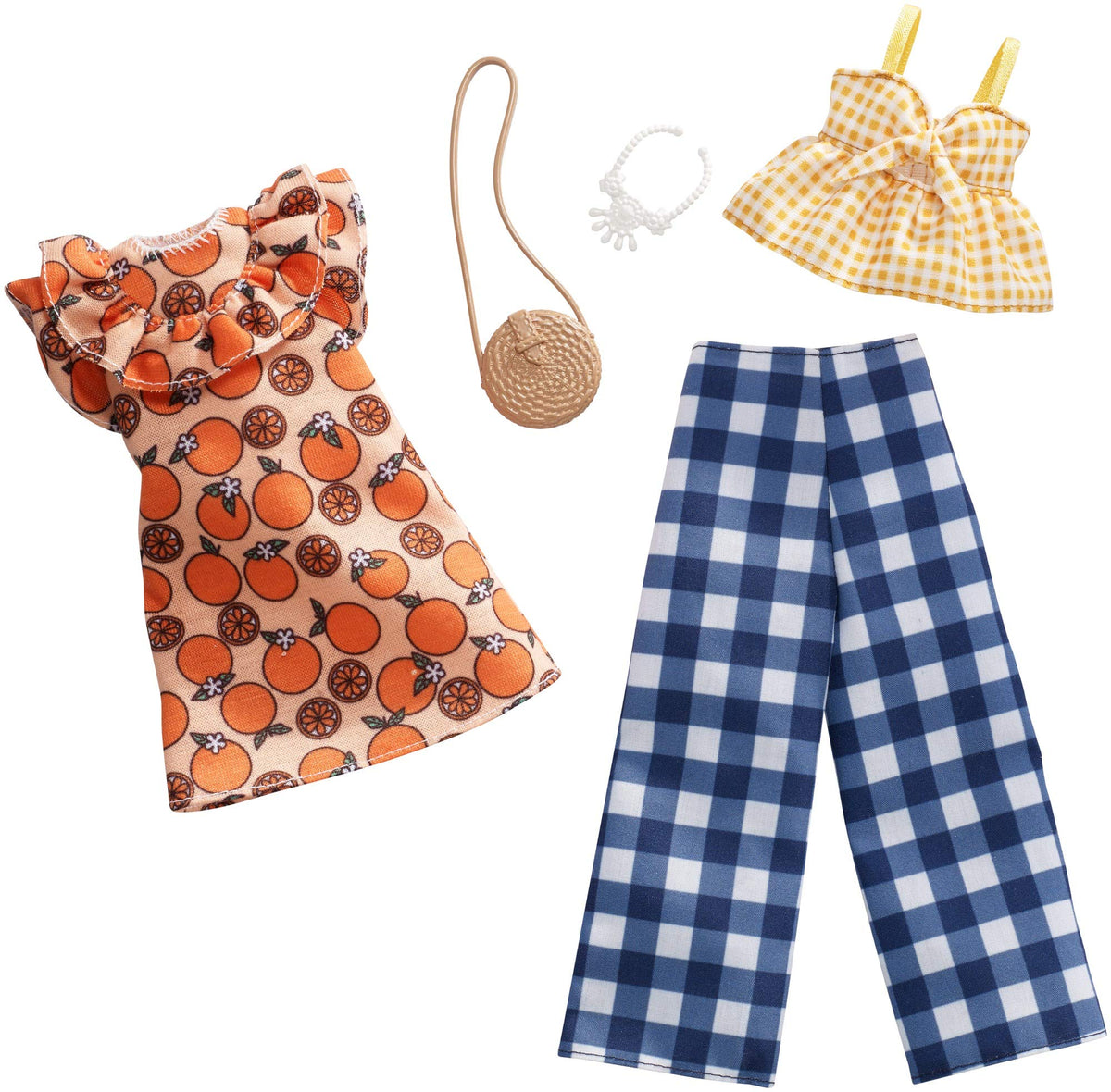 Barbie orange dress with a ruffled neck, ideal for trendy storytelling play.