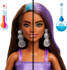 Barbie Party Unboxed Purple Sparkle Doll with posable joints and long brunette hair.