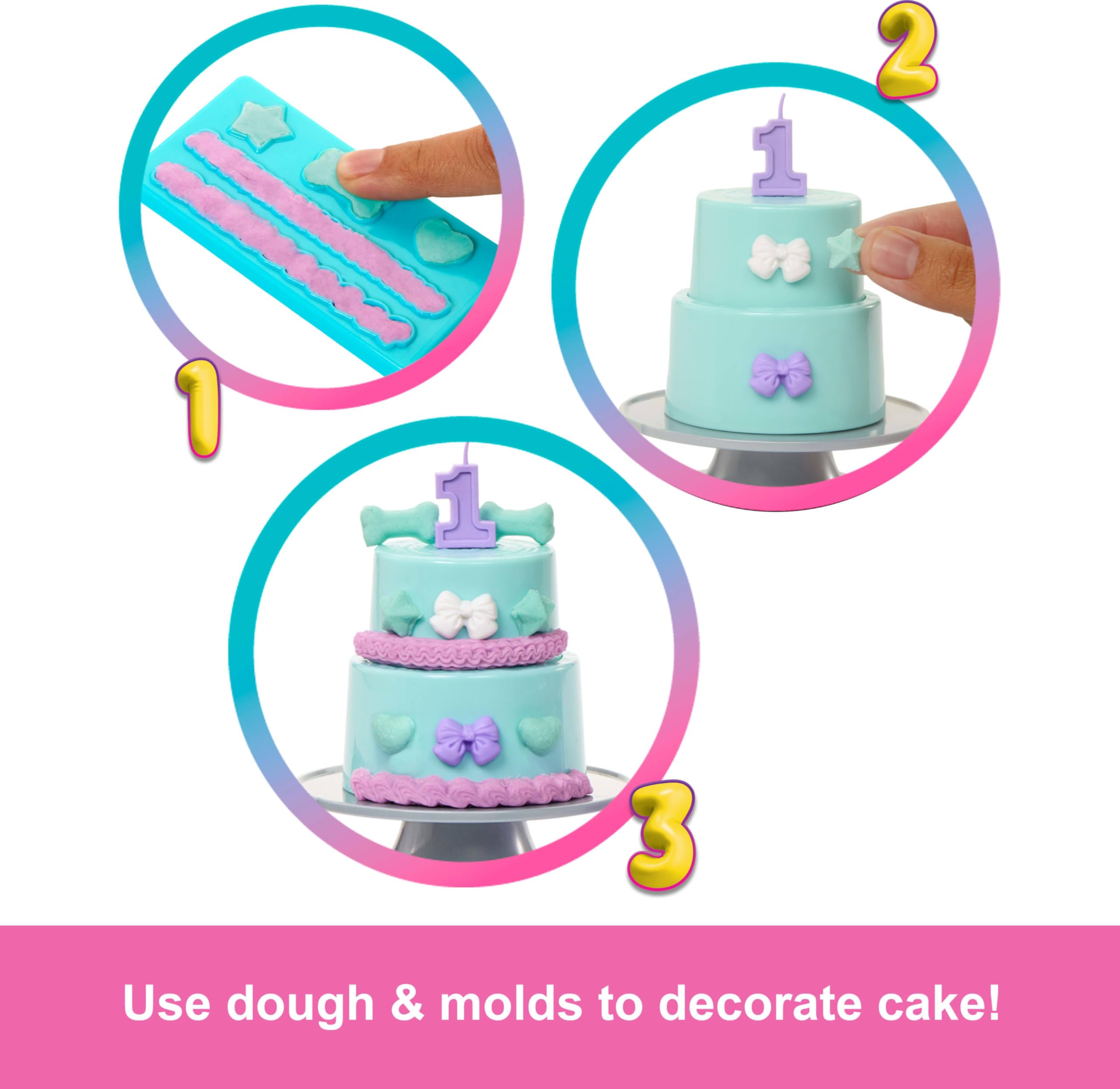 Barbie Party Unboxed two-tier cake shows decorations for party plays
