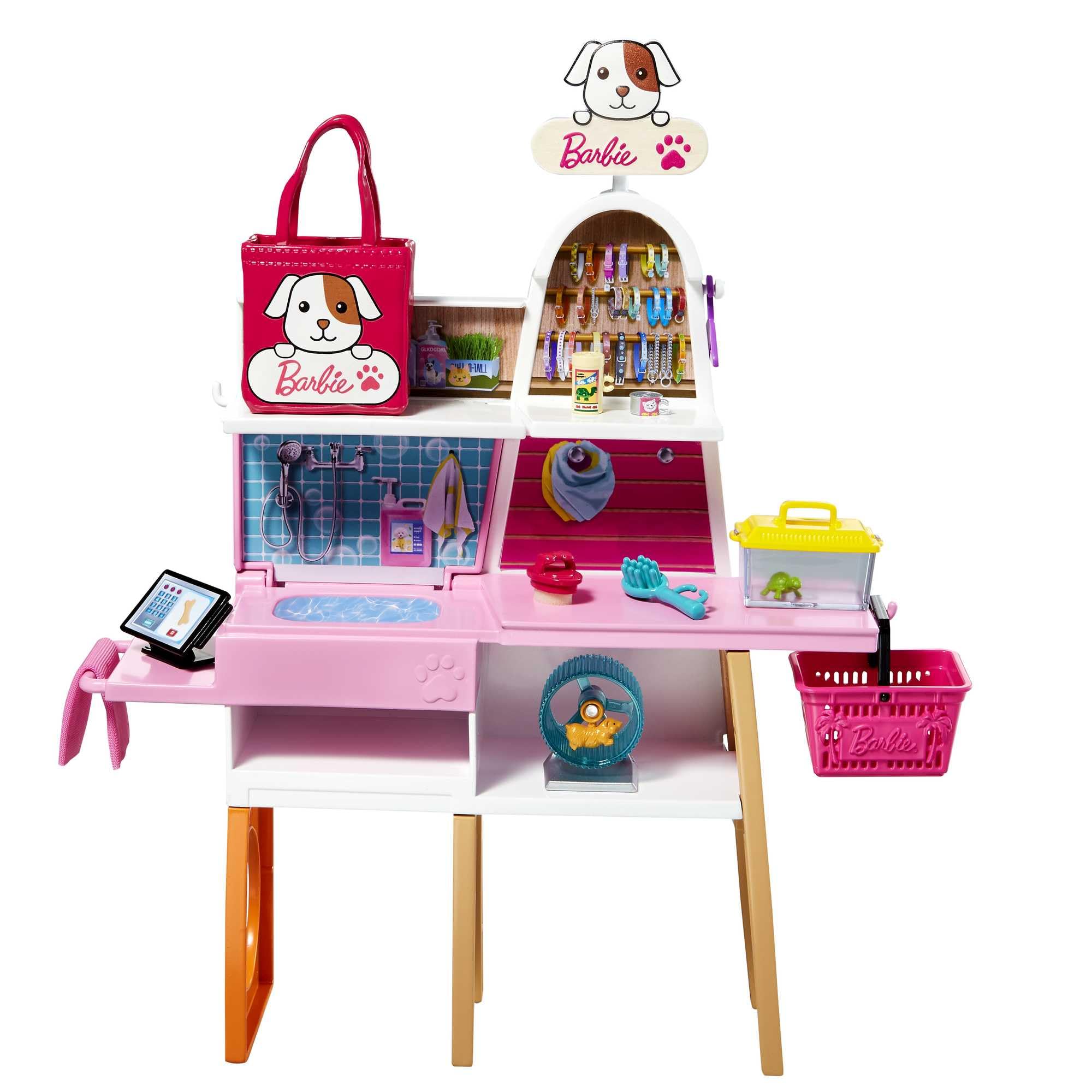 Barbie pet boutique color-change puppy demonstrates playful transformations with warm water.