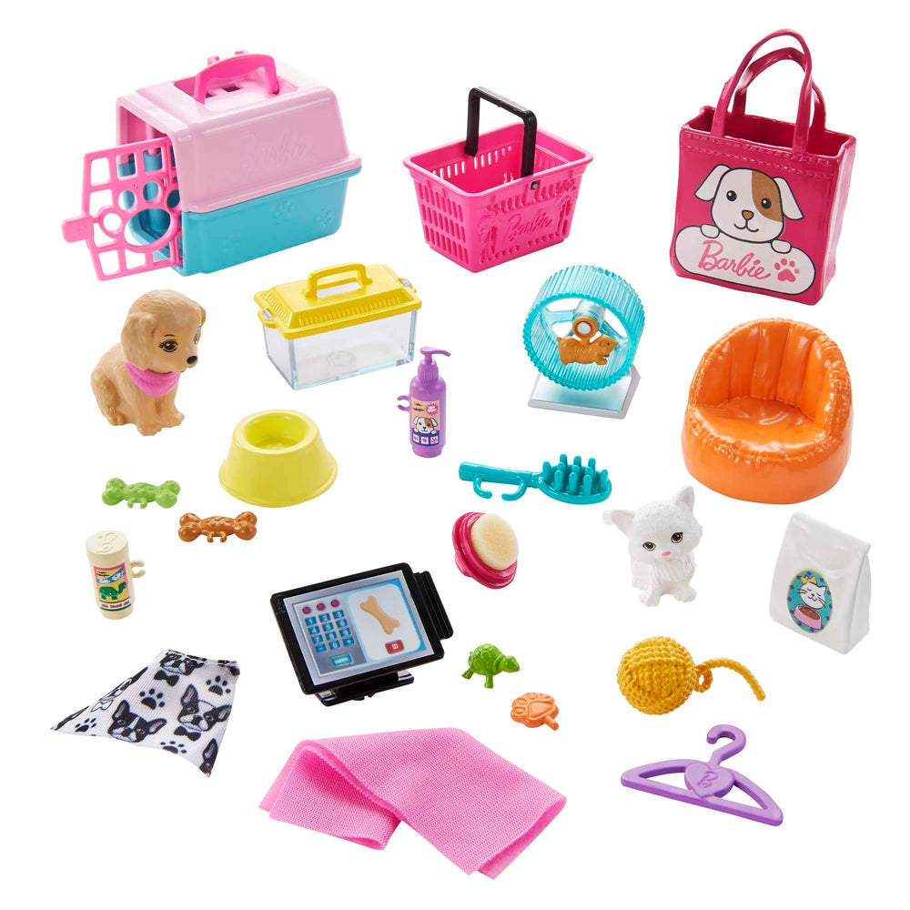 Barbie pet boutique puppy-wash area lets kids rinse and reveal clean spots.
