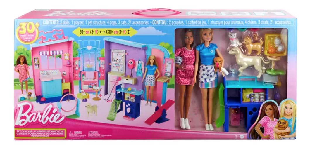 Barbie Pet Nursery Playset dog tower promotes interactive pet care play.