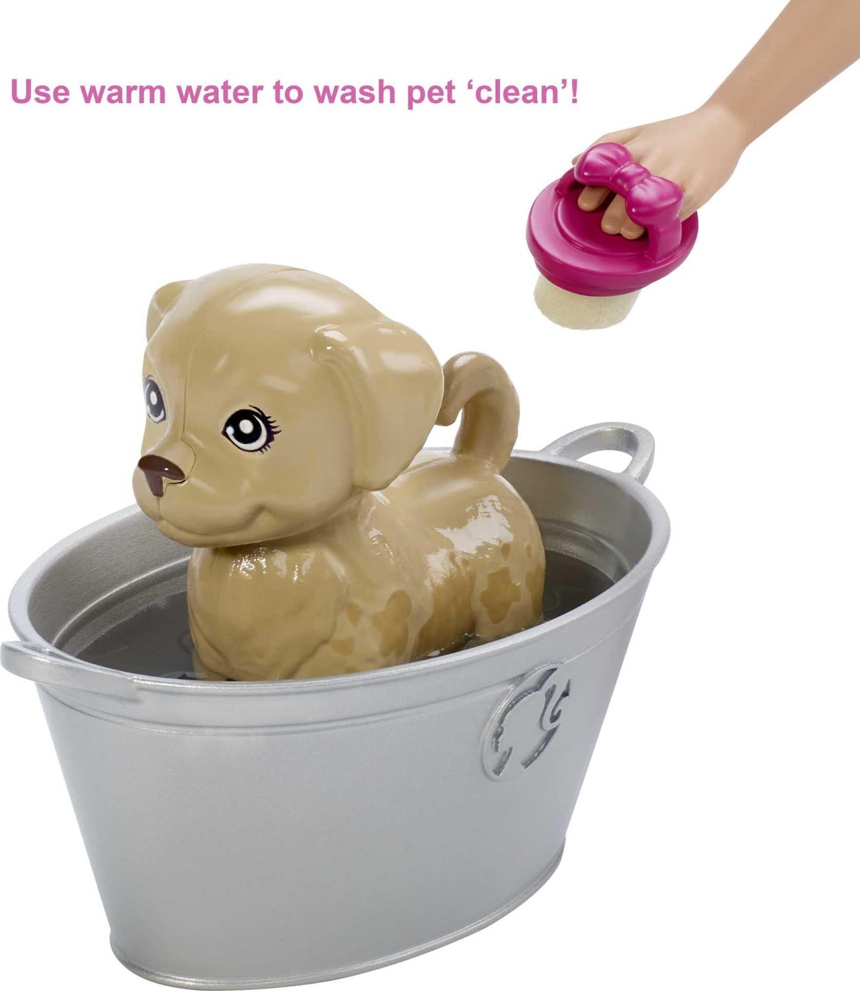 Barbie color-change kitten demonstrates clean vs dirty moments for nurturing bath play