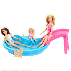 Close-up of Barbie in tropical swimsuit for pool activities