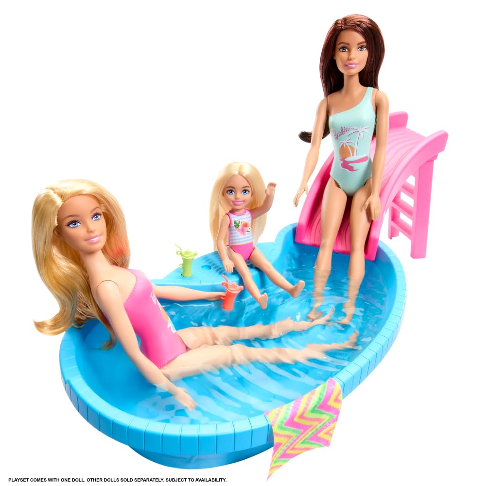 Barbie pool playset scene with friends at a sunny pool party