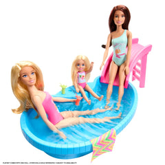 Barbie pool playset scene with friends at a sunny pool party