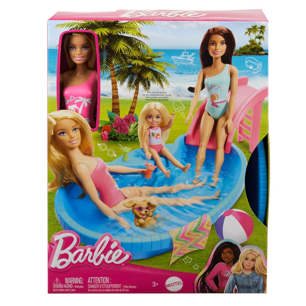 Bright pink poolside setup with Barbie and accessories for sunny play