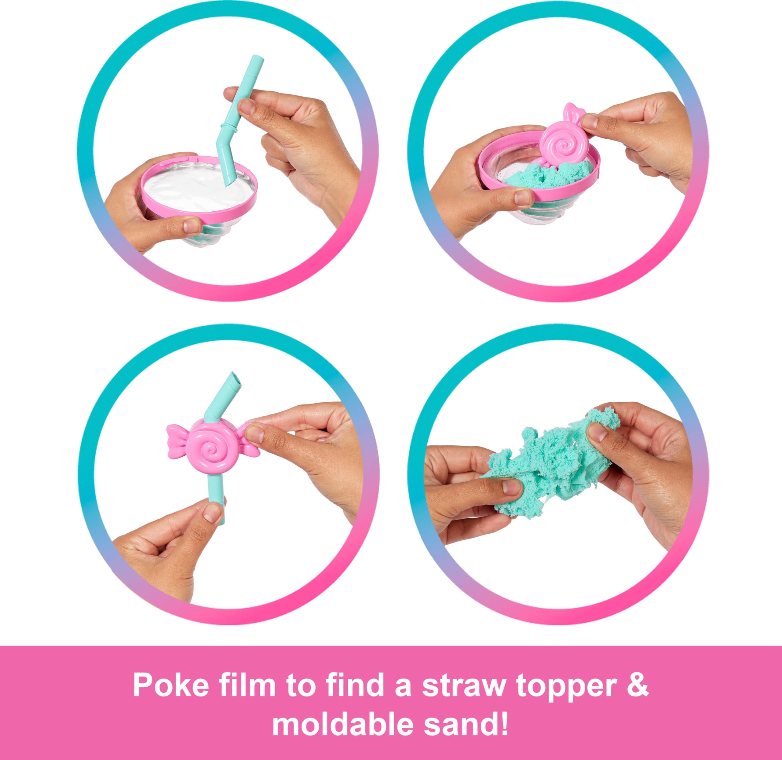 Barbie Pop Reveal squishy sand and straw offer tactile discovery during the reveal.