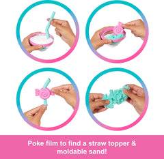 Barbie Pop Reveal squishy sand and straw offer tactile discovery during the reveal.