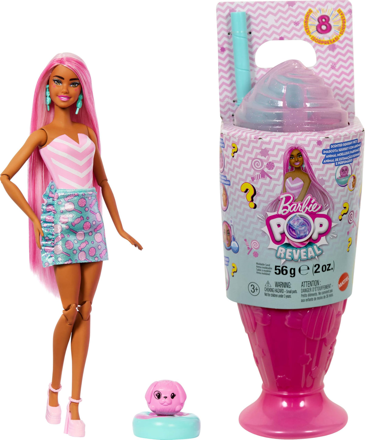 Barbie Pop Reveal Treat Series doll with long pink hair and a sweet scent.