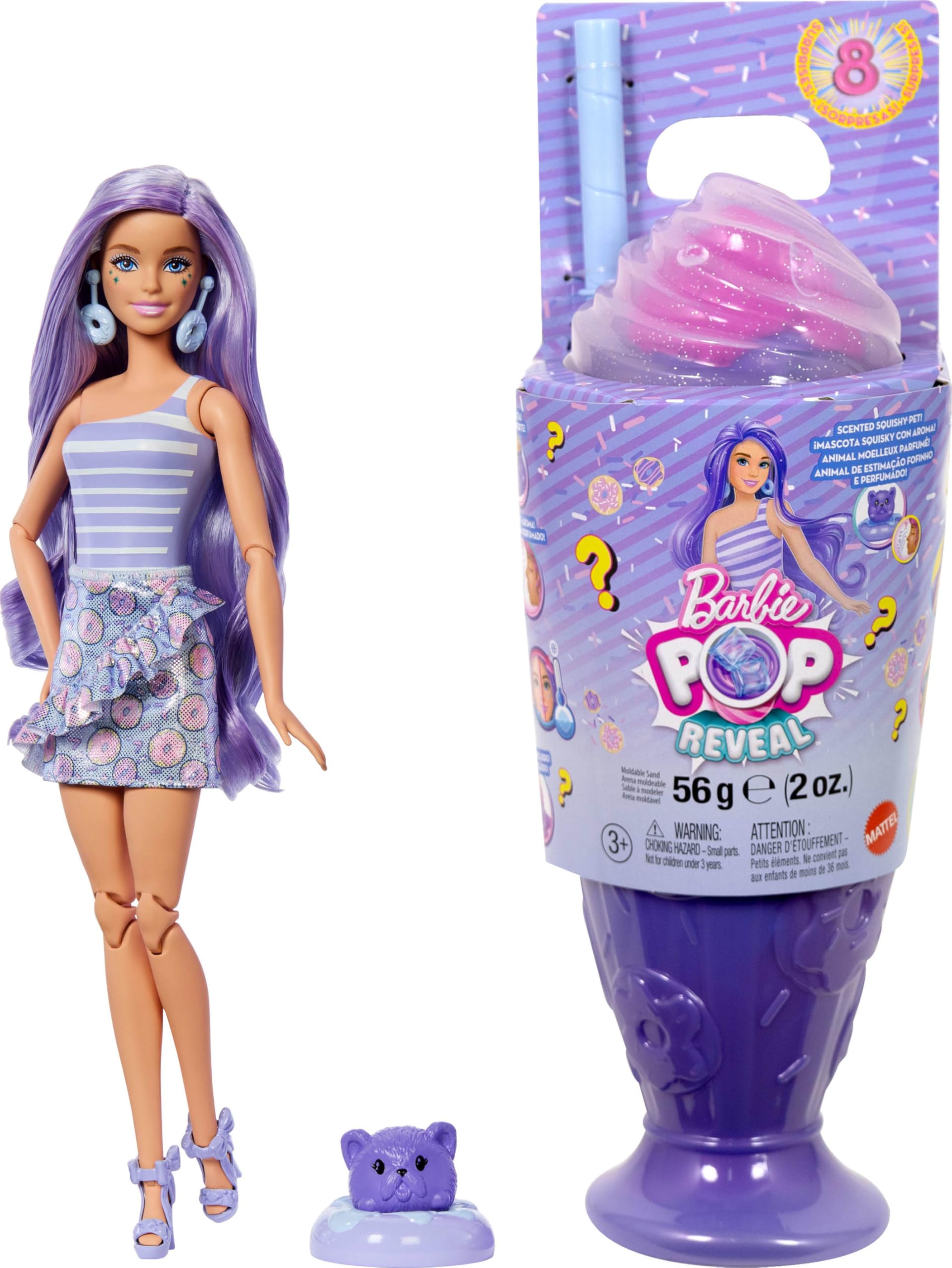 Barbie Pop Reveal Donut Dreams cup reveals surprises with a sweet scent for imaginative play.