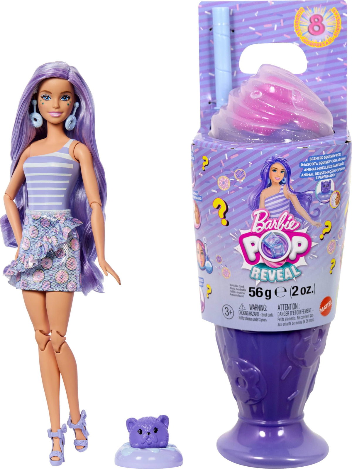 Barbie Pop Reveal Donut Dreams cup reveals surprises with a sweet scent for imaginative play.