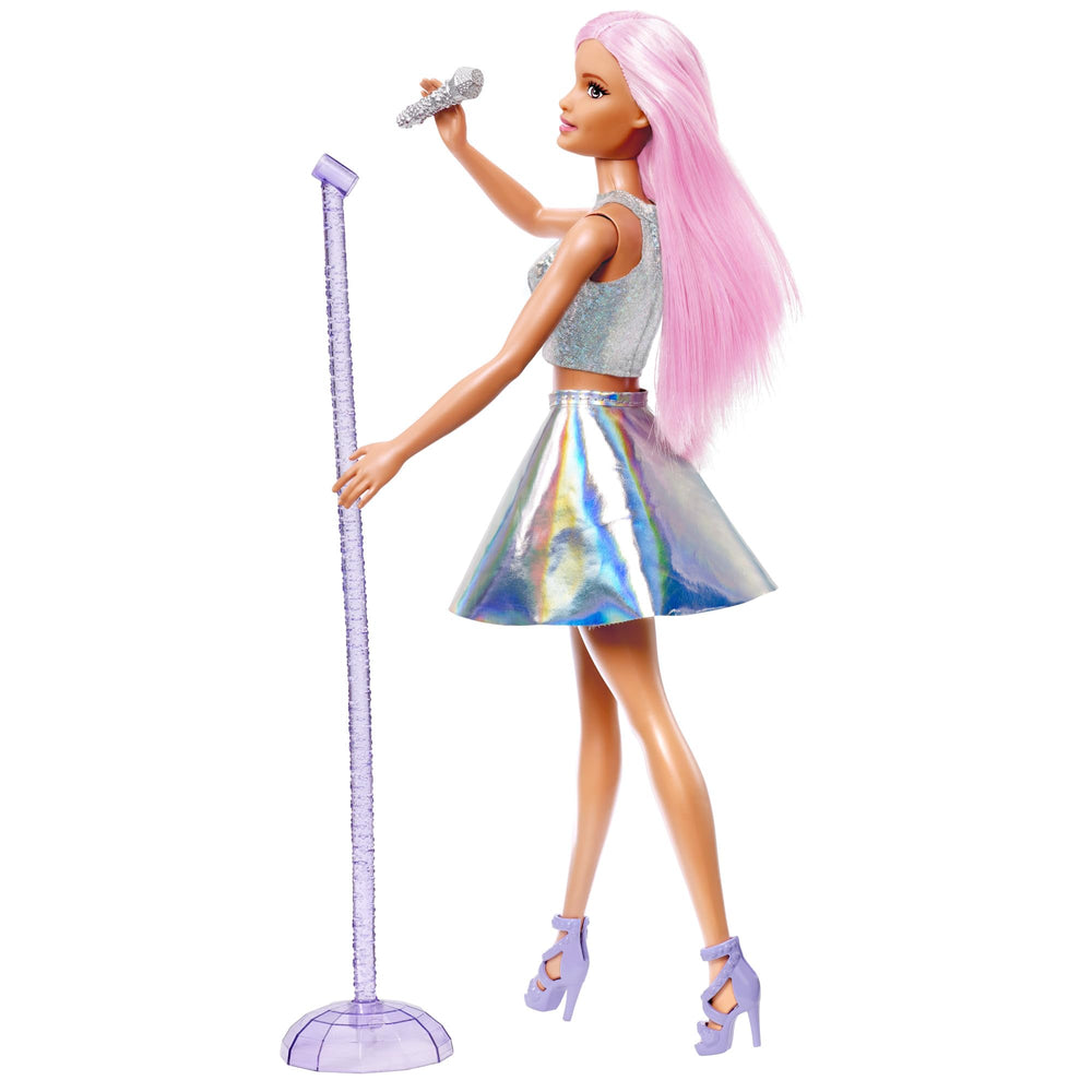 Barbie Pop Star Doll purple shoes enhance fashion-themed play.