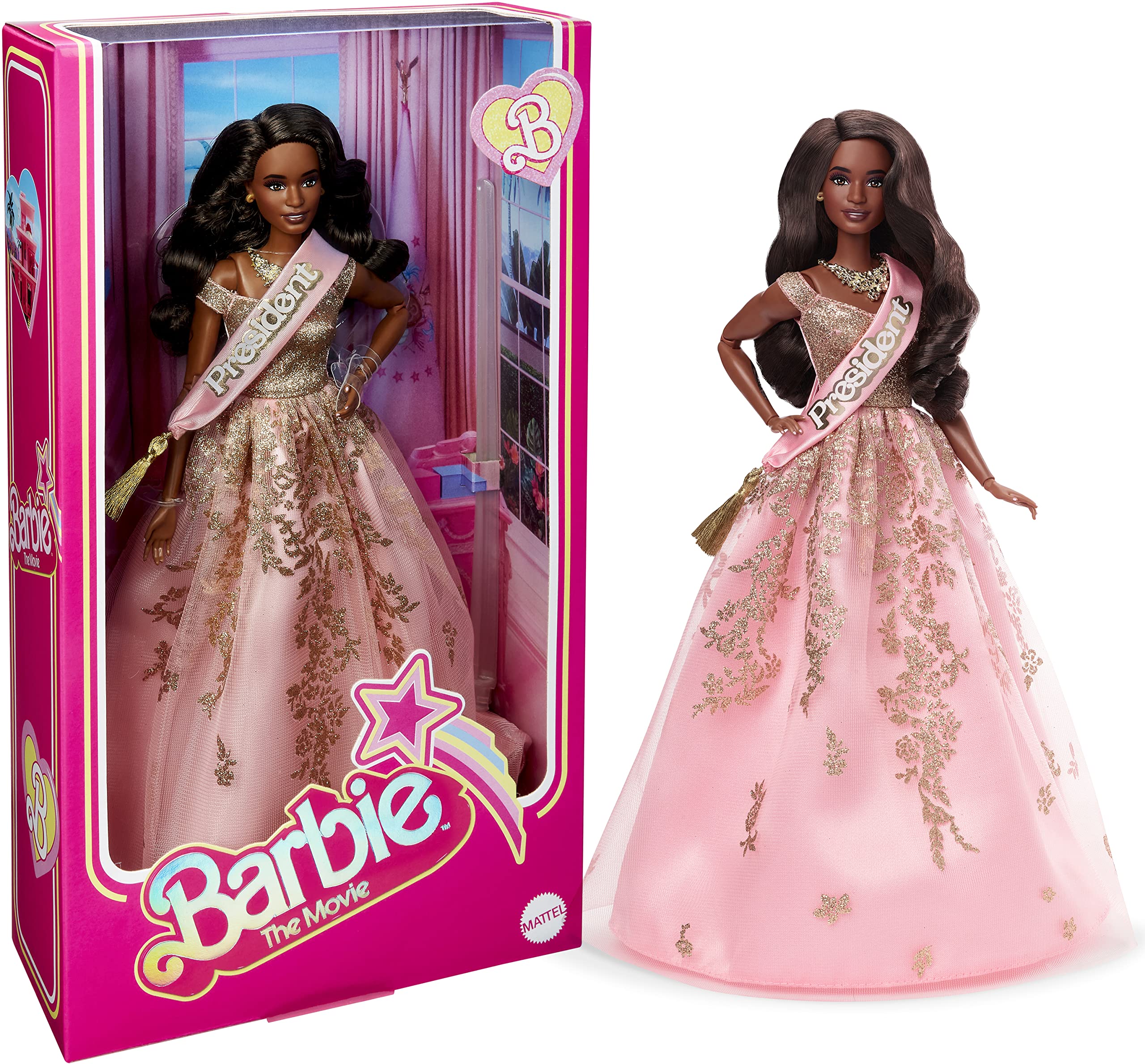 Barbie The Movie President Doll wearing shimmery pink gown and sash for display.